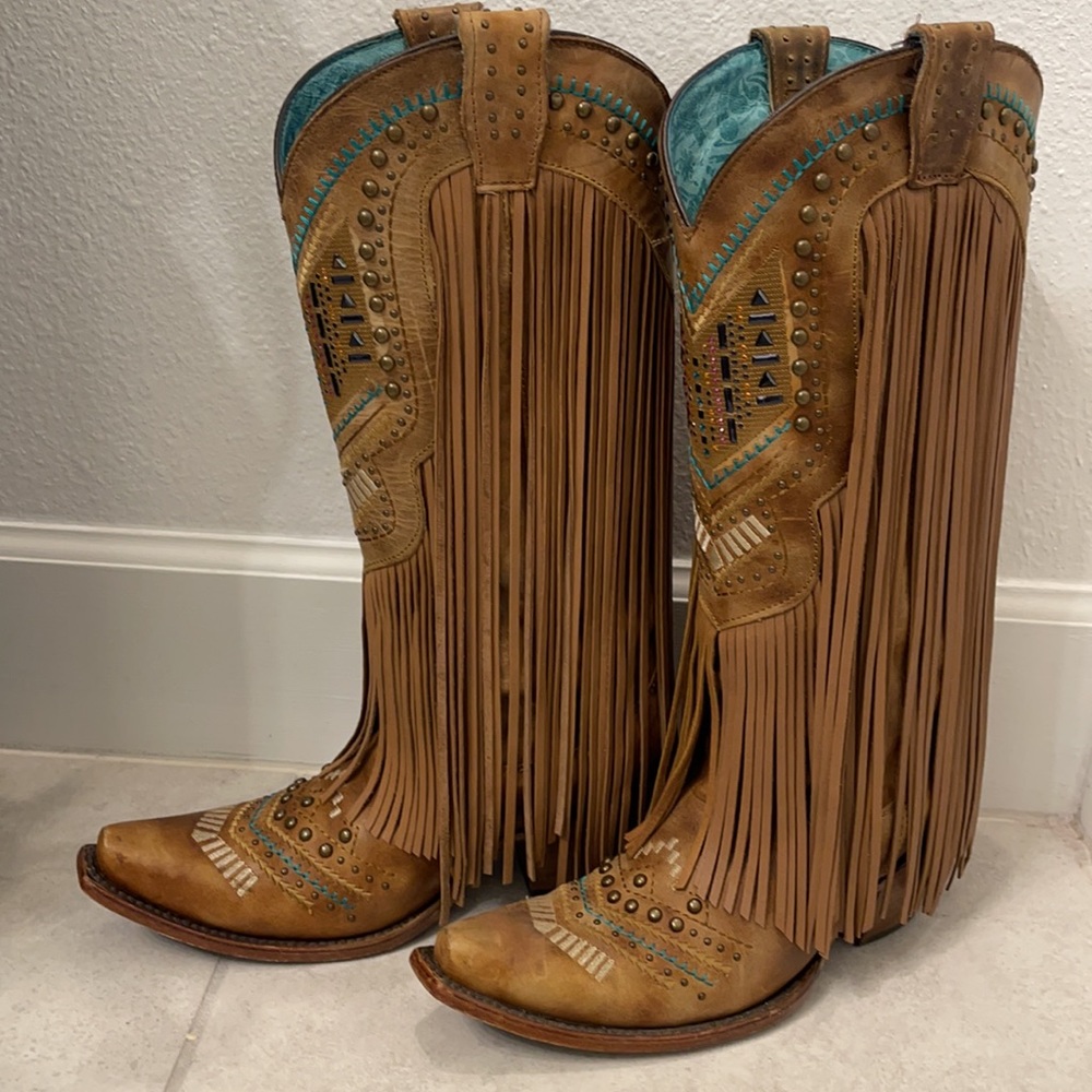 Corral Tan and Teal Fringe Heeled Boots - Picture 4 of 8